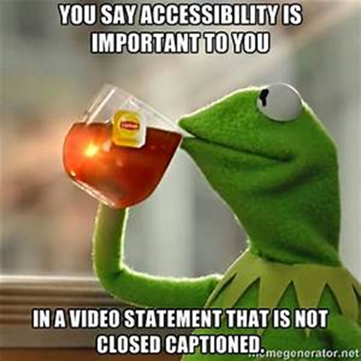 Kermit the frog saying "you say accessibility is important to you, in a video that is not closed caption"
